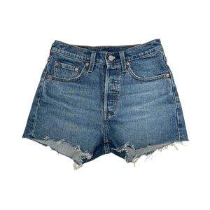 Levi's 501 Original High Waisted Blue Denim Raw Hem Shorts